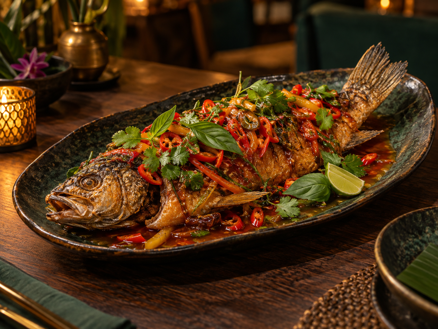 Crispy whole sea bass with Thai basil, chilli and three-flavour sauce