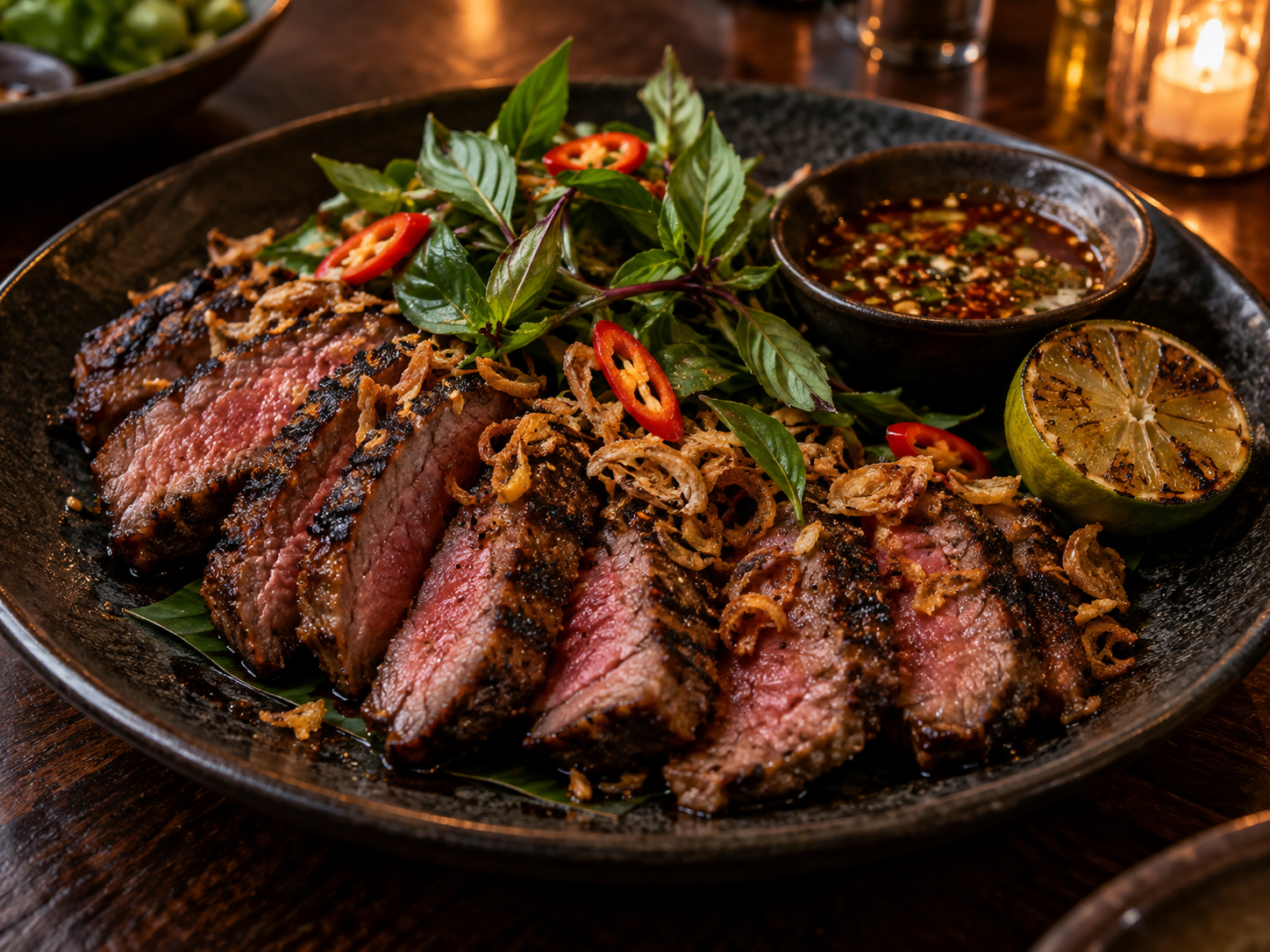 Sliced Thai-style grilled rib-eye steak with herbs and chilli sauce